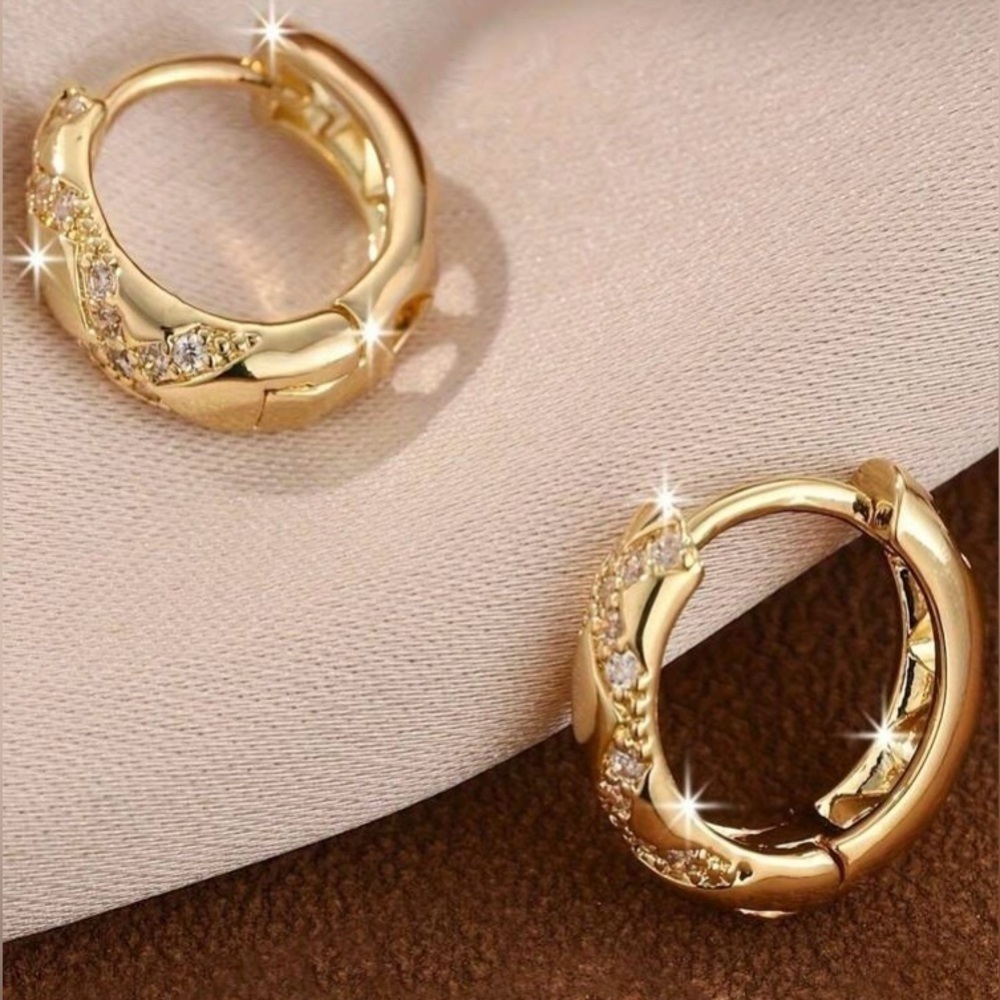 Gold & Rhinestone Huggie Hoop Earrings - Picture 5 of 5